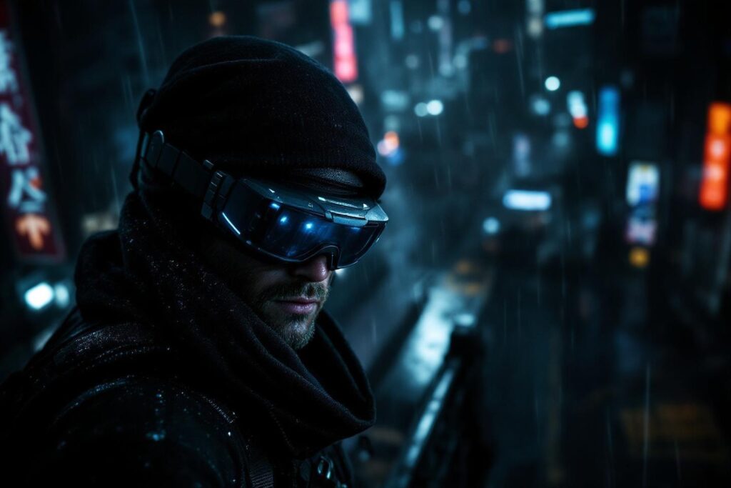 Figure sombre avec lunettes high-tech dans une ville futuriste nocturne