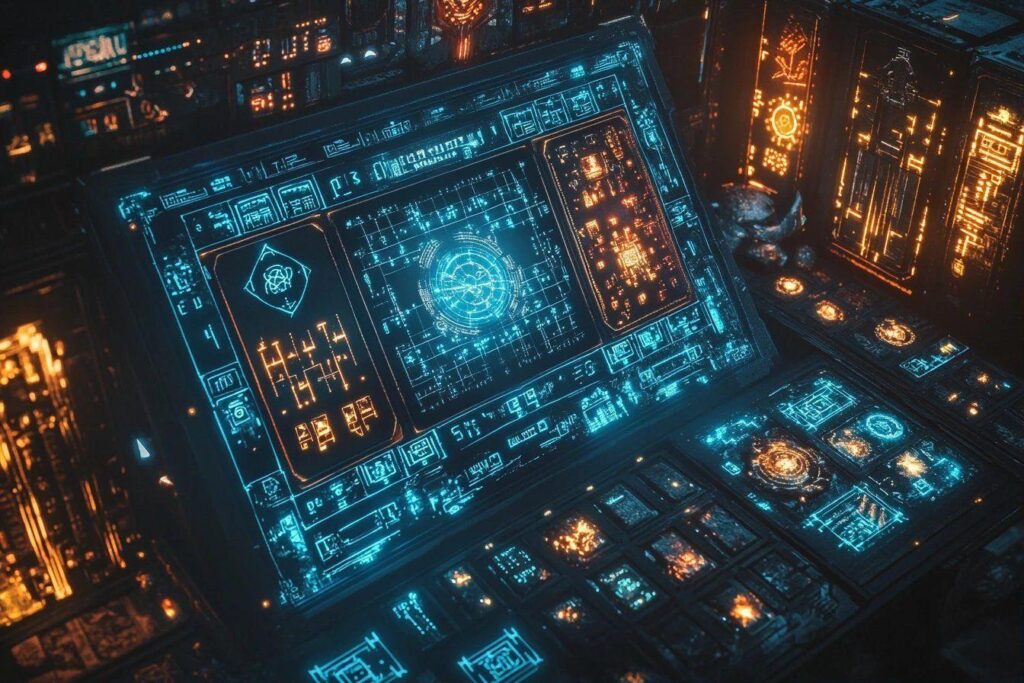 Écran holographique bleu et orange avec circuits complexes