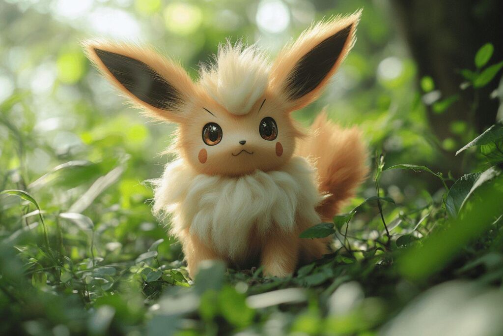 Petit Pokémon duveteux aux grands yeux assis dans feuillage vert