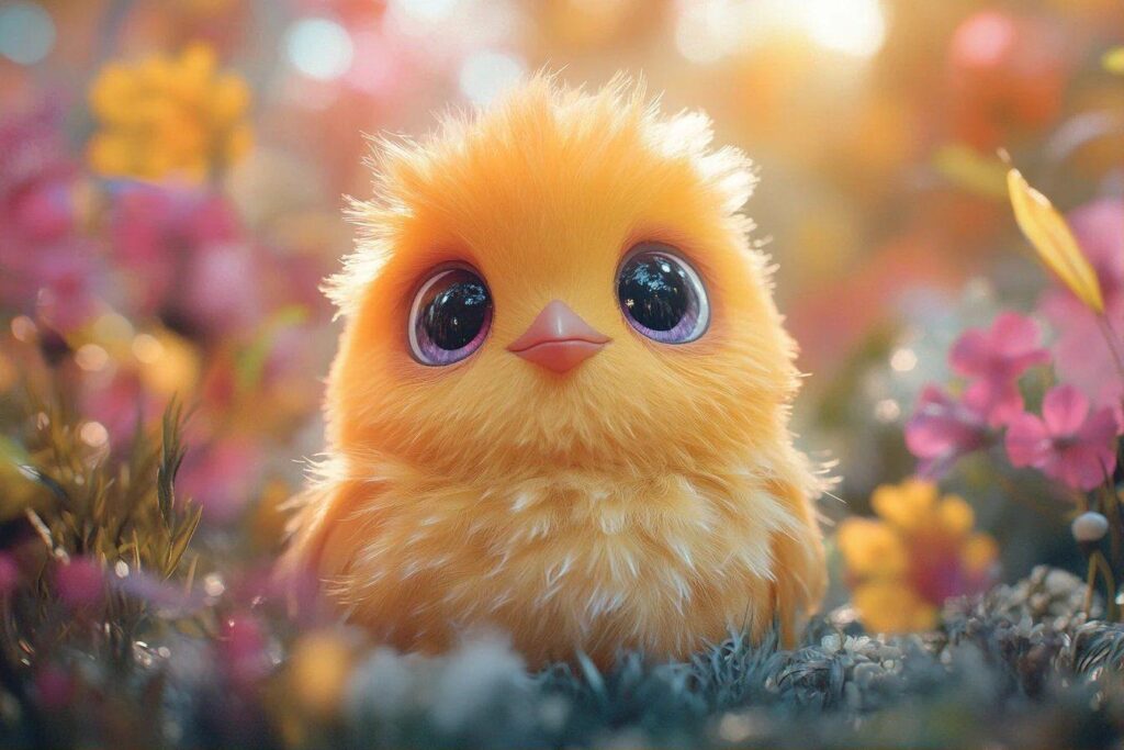 Poussin jaune pelucheux avec de grands yeux bleus dans un jardin fleuri