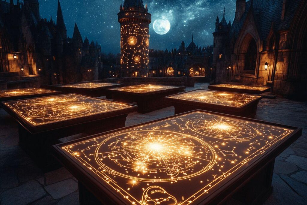 Tables lumineuses astronomiques dans un château médiéval la nuit