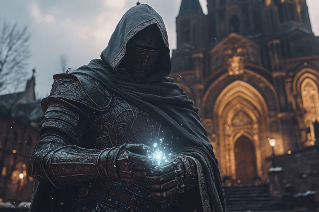 Silhouette encapuchonnée en armure avec énergie magique brillante