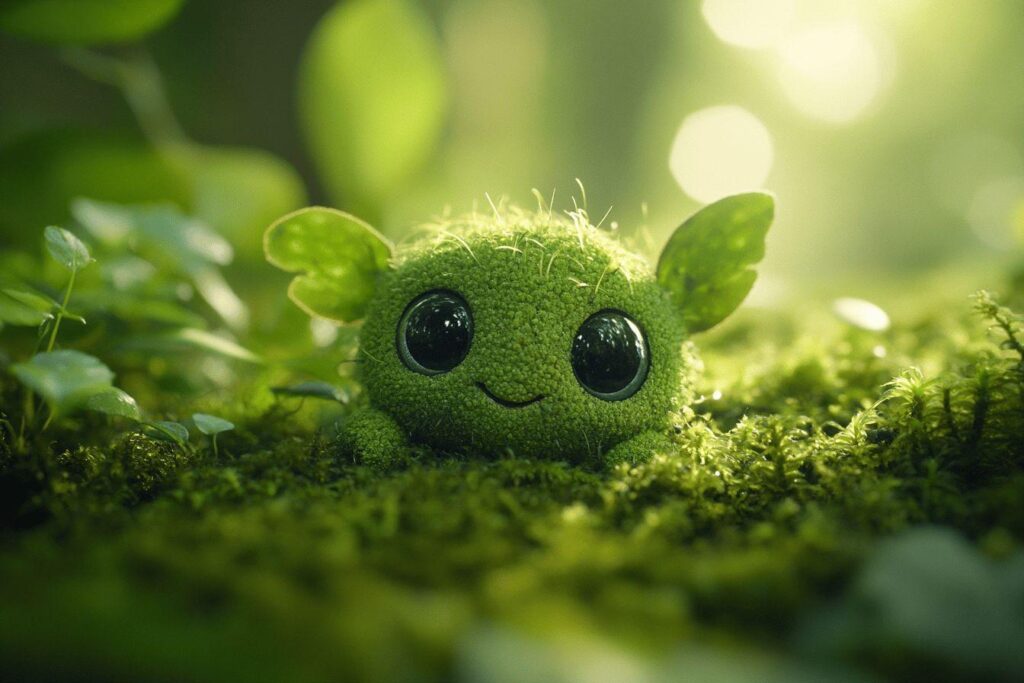 Petit être vert mignon avec de grands yeux sur mousse verdoyante