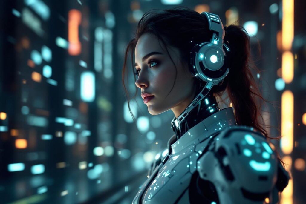 Femme cyborg avec casque technologique dans un environnement urbain sombre