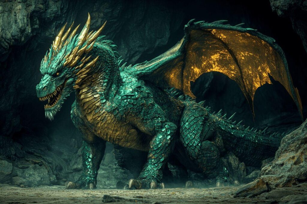 Dragon écailleux vert et or dans une grotte sombre