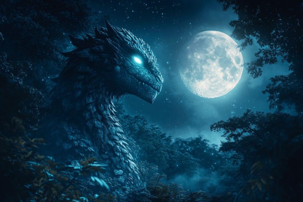 Dragon bleu scintillant avec yeux lumineux devant une lune brillante