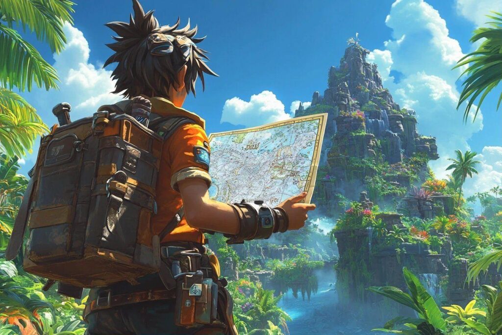 Personnage à dos tournée vers une carte et une île tropicale
