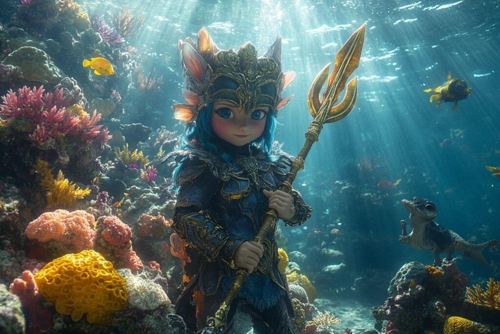 Personnage fantastique sous-marin avec lance et coraux colorés