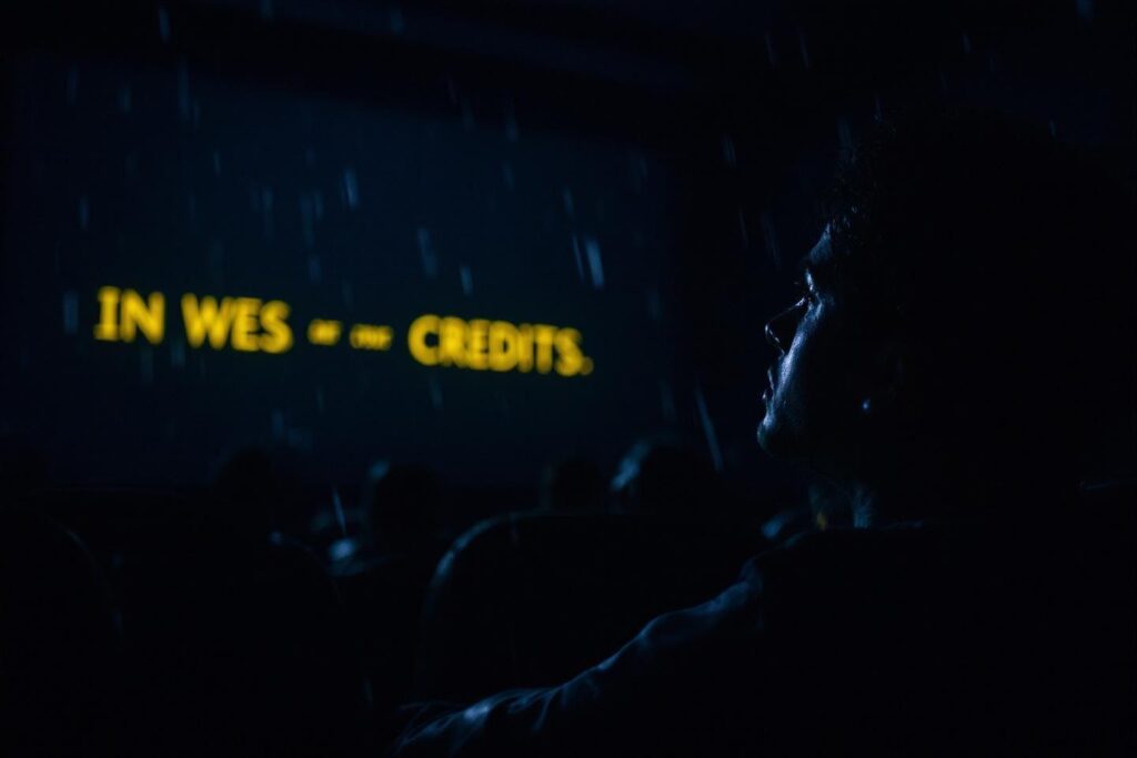 Texte jaune des crédits sur fond sombre et bleu