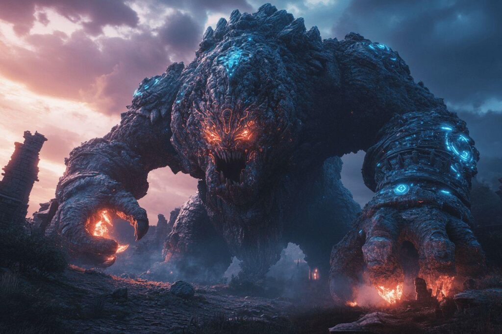 Créature rocheuse géante avec des yeux et des flammes