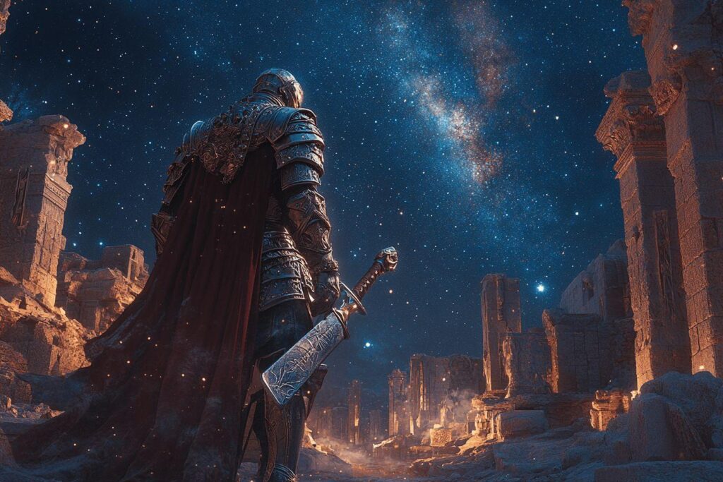 Chevalier en armure contemplant des ruines sous un ciel étoilé