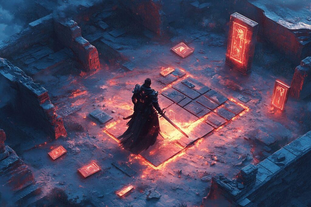 Silhouette épique avec épée dans un environnement mystique en feu