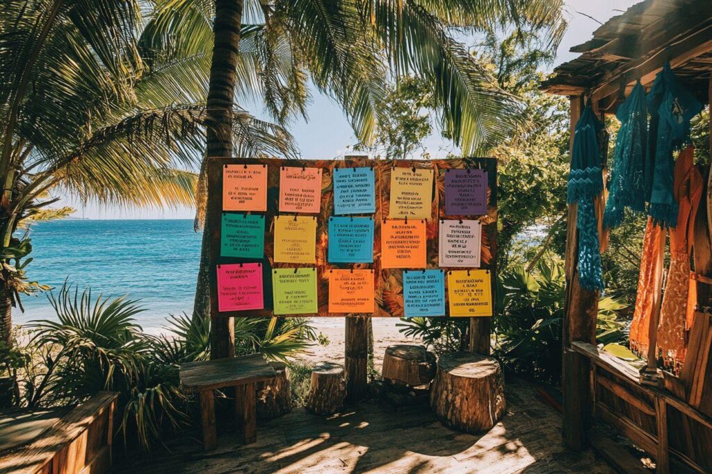 Affiches multicolores sur un arbre près de la plage