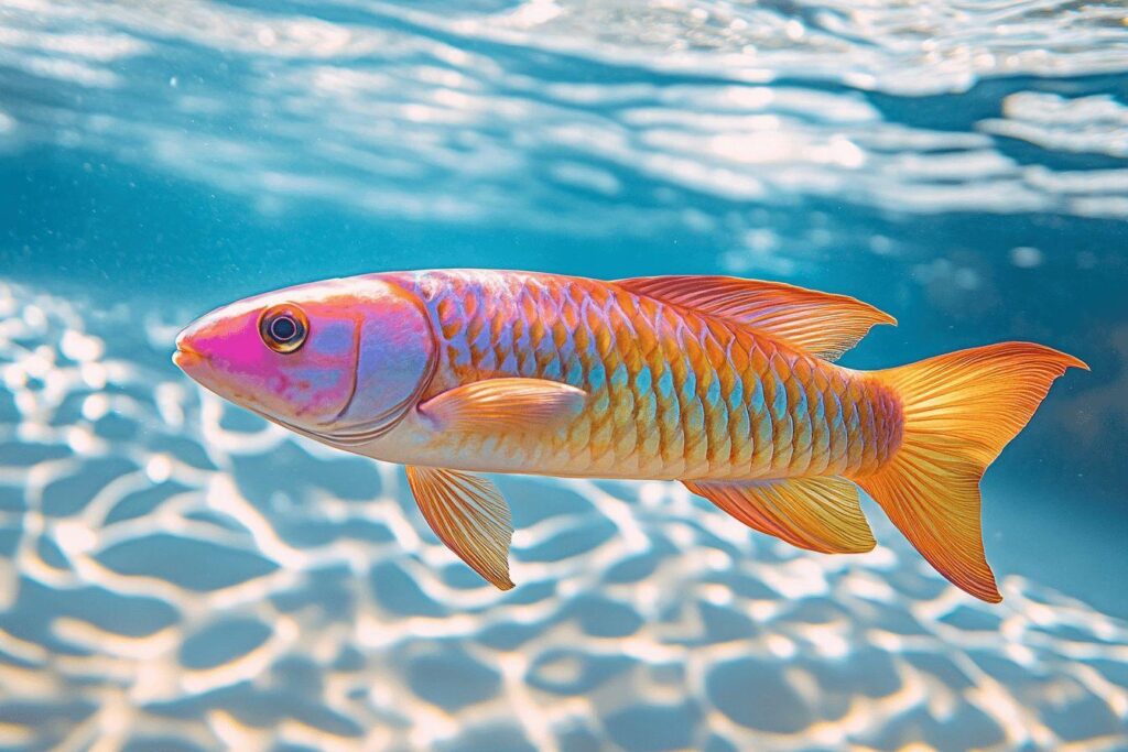 Poisson coloré nageant dans l'eau bleue avec des écailles