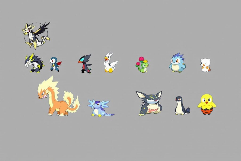 Ensemble de créatures Pokémon de différentes tailles et couleurs