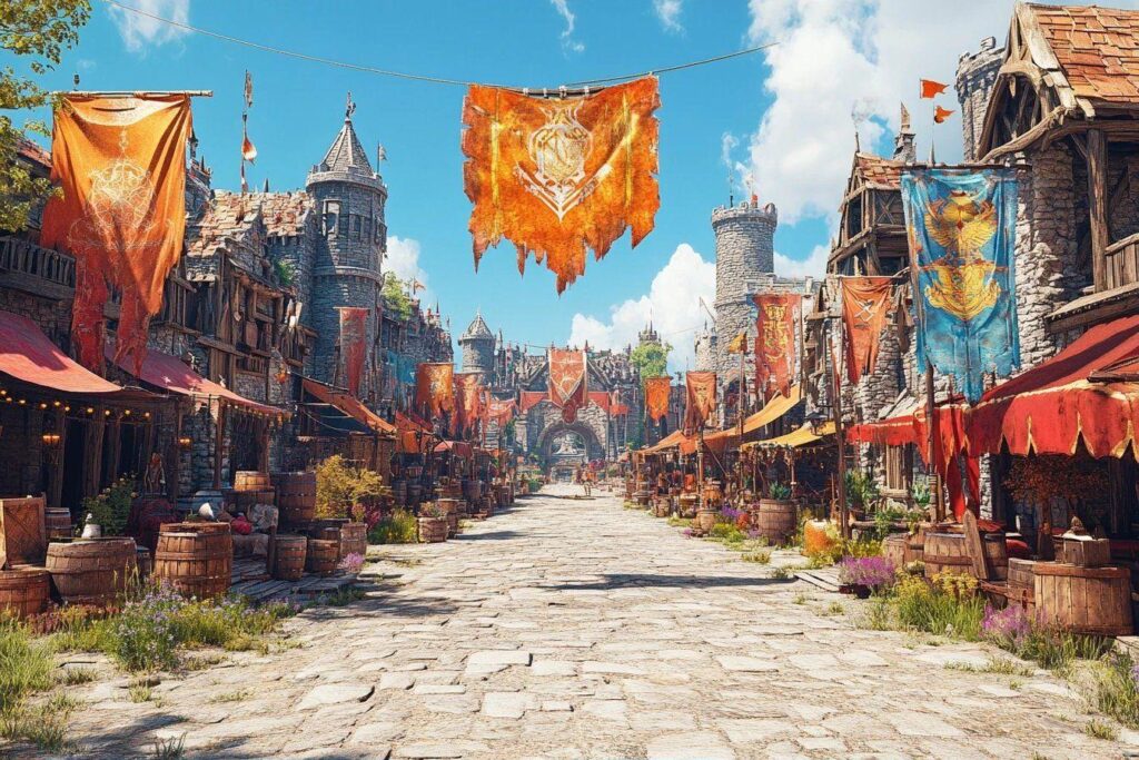 Rue pavée avec drapeaux orangés entre des bâtiments de pierre