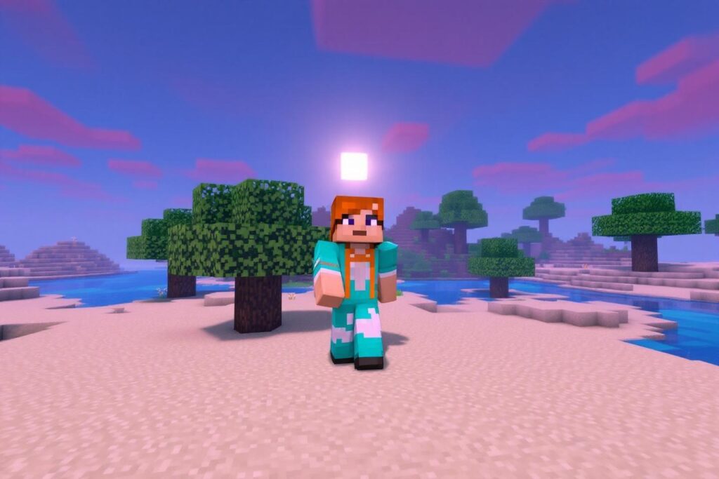 Personnage Minecraft debout sur une plage au coucher de soleil