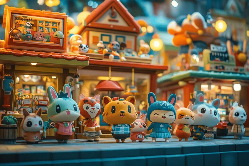 Adorables personnages en peluche dans un décor coloré de jouets