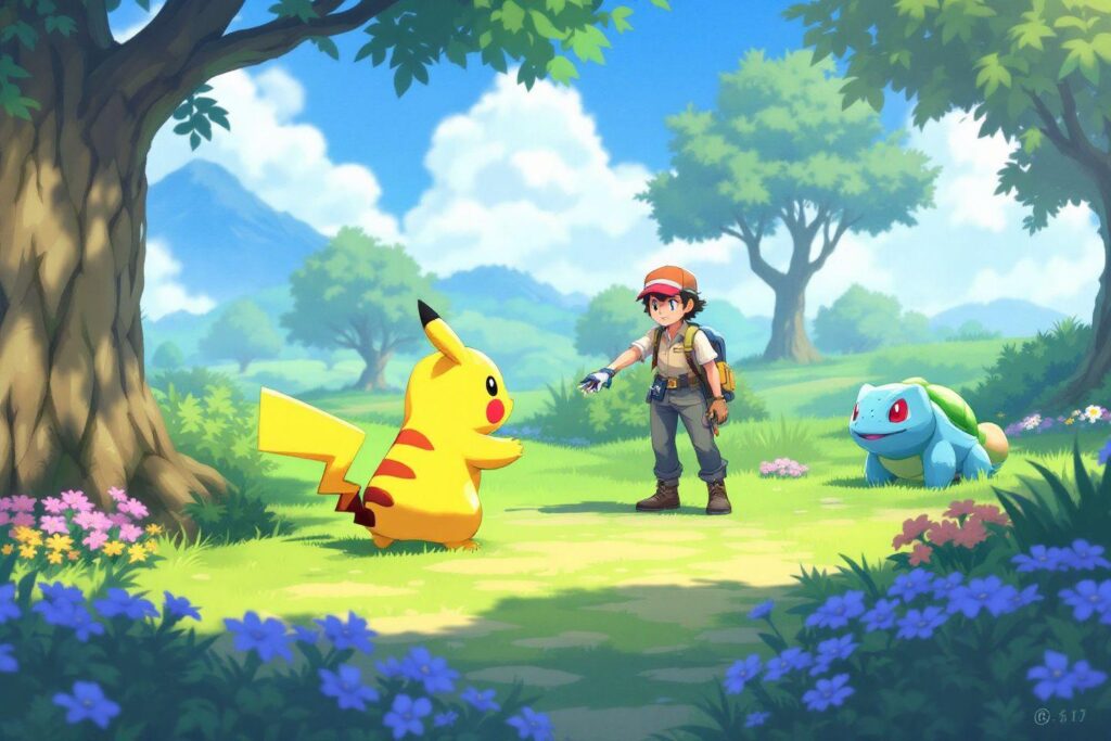 Dresseur avec Pikachu et Bulbizarre dans un paysage verdoyant