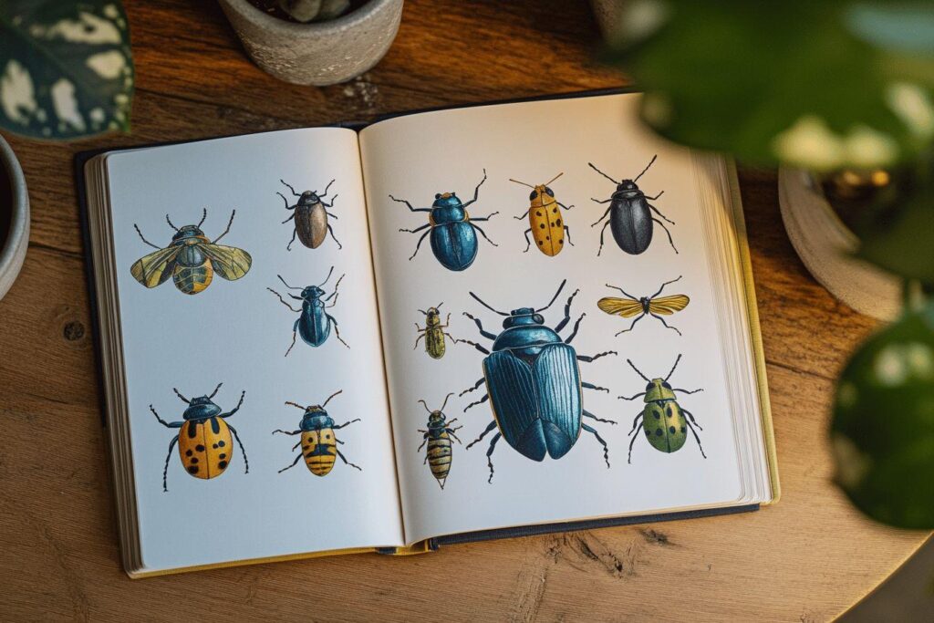 Pages ouvertes d'un livre illustrant divers coléoptères aux couleurs vives