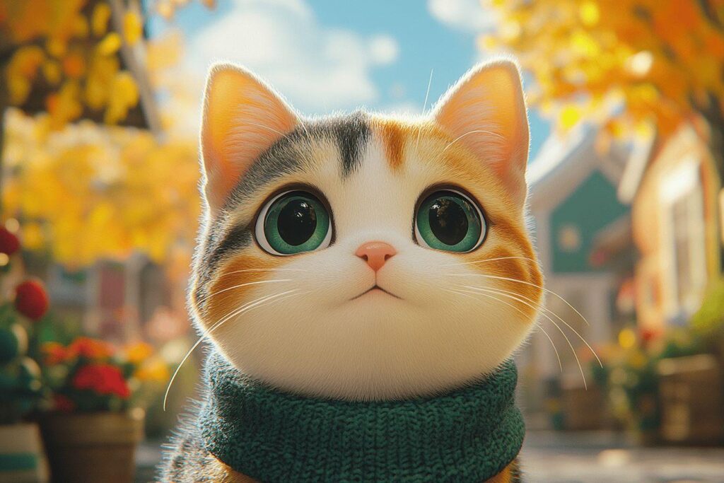 Chat aux grands yeux verts portant un foulard vert en automne