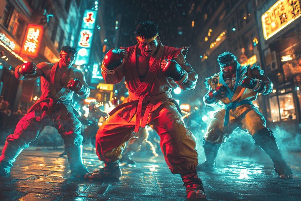 Combattants en position de combat dans une rue néon urbaine