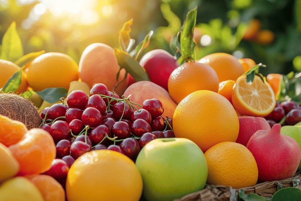 Mélange de fruits frais, oranges, rouges et verts lumineux
