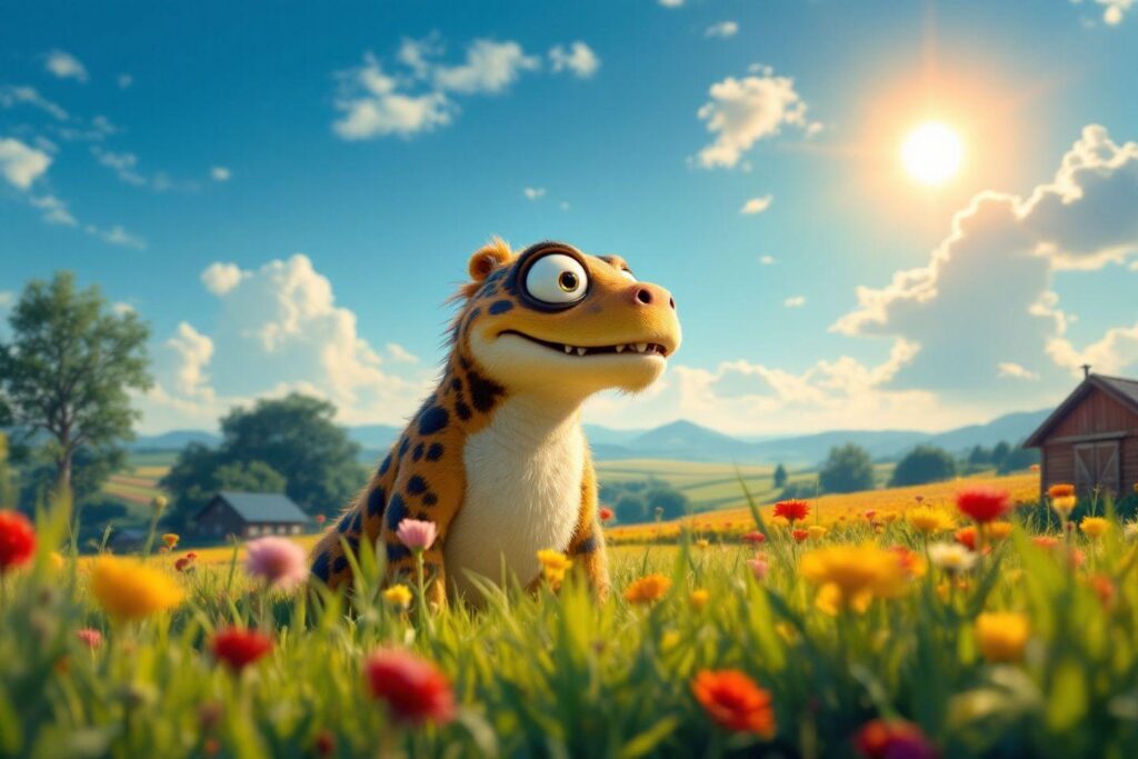 Créature jaune mignonne dans un champ coloré sous le soleil