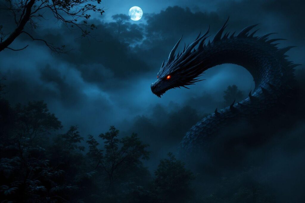 Dragon sombre avec des yeux rouges sous un clair de lune