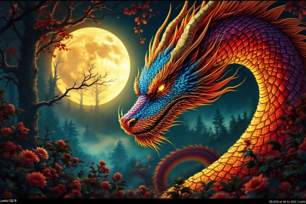 Dragon multicolore détaillé dans une forêt nocturne lumineuse