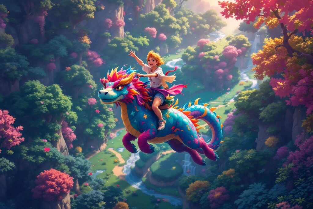 Jeune cavalier sur un dragon coloré volant au-dessus d'une forêt