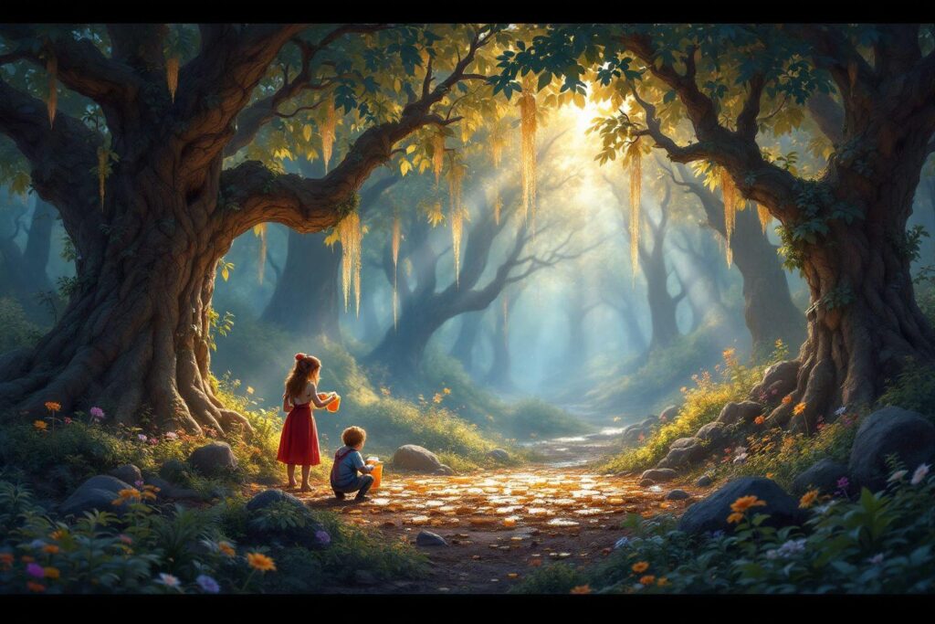 Deux enfants explorant un sentier magique dans une forêt lumineuse