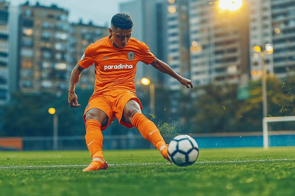Joueur en tenue orange frappant un ballon sur terrain