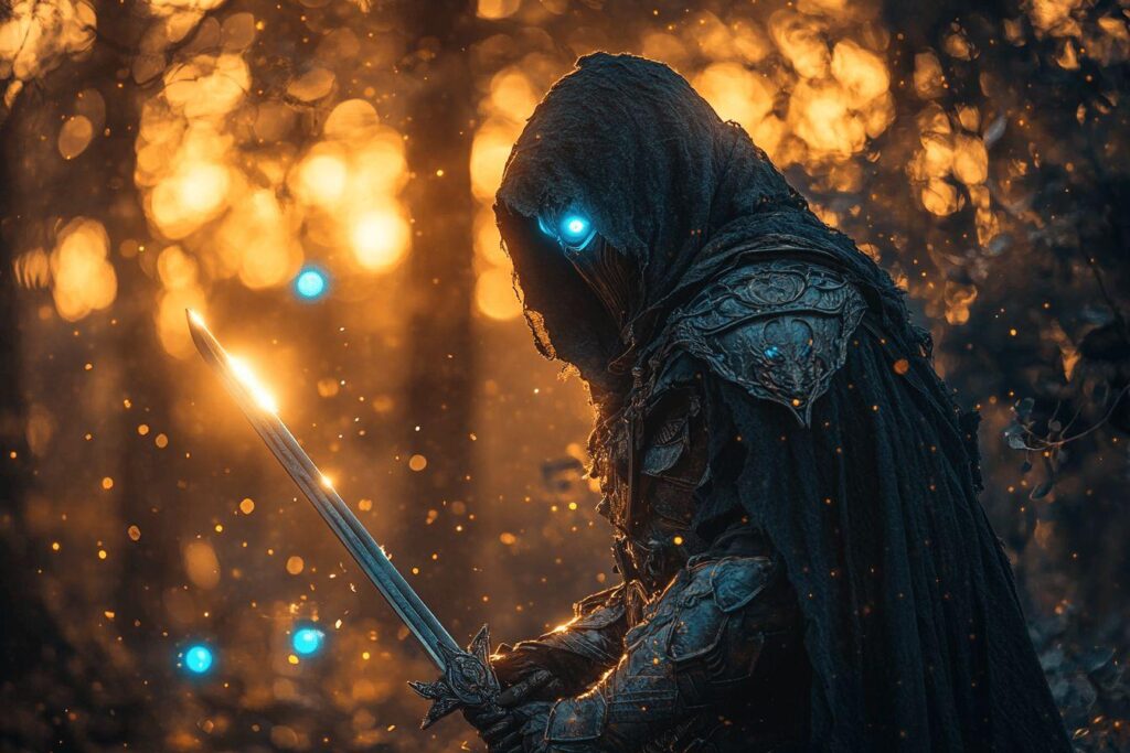 Personnage encapuché avec épée et yeux bleus lumineux