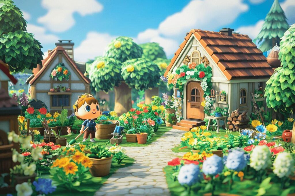 Personnage mignon jardine parmi des fleurs et petites maisons