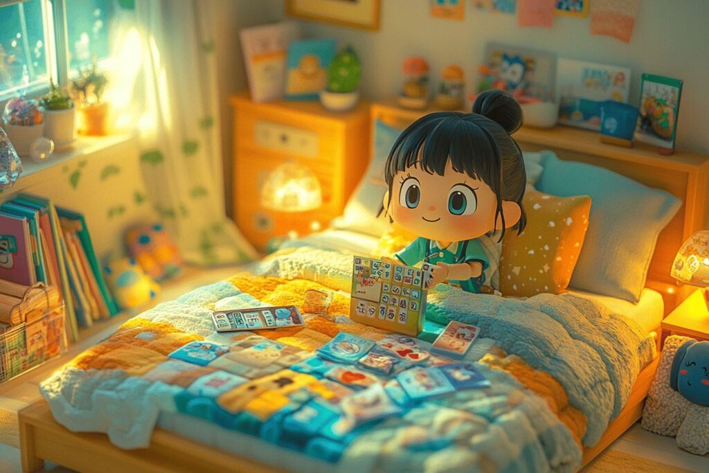 Petite fille jouant aux cartes dans sa chambre lumineuse