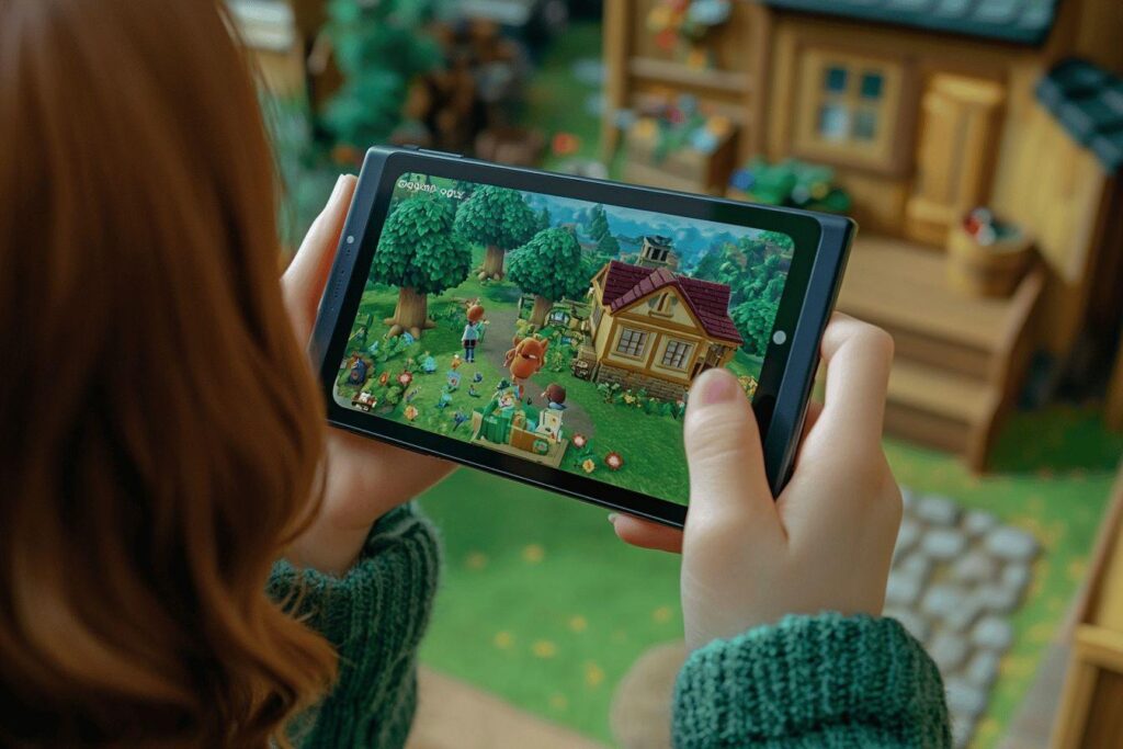 Écran de jeu d'Animal Crossing tenu dans une main