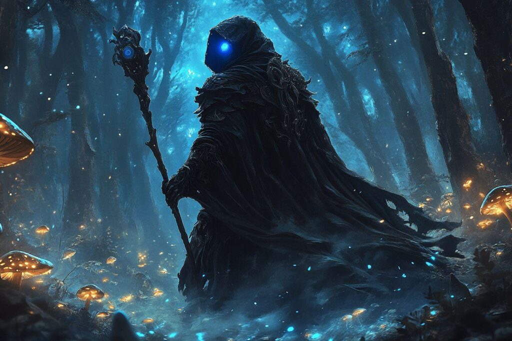 Silhouette encapuchonnée avec bâton magique parmi les champignons lumineux