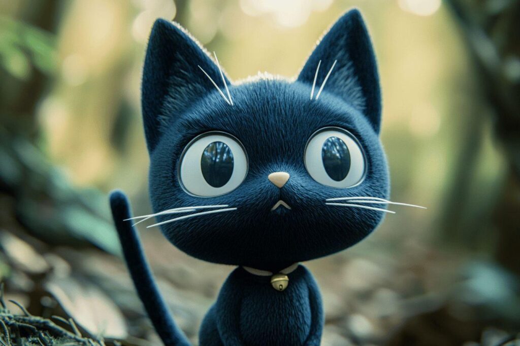 Chat de dessin animé aux grands yeux bleus dans un décor naturel