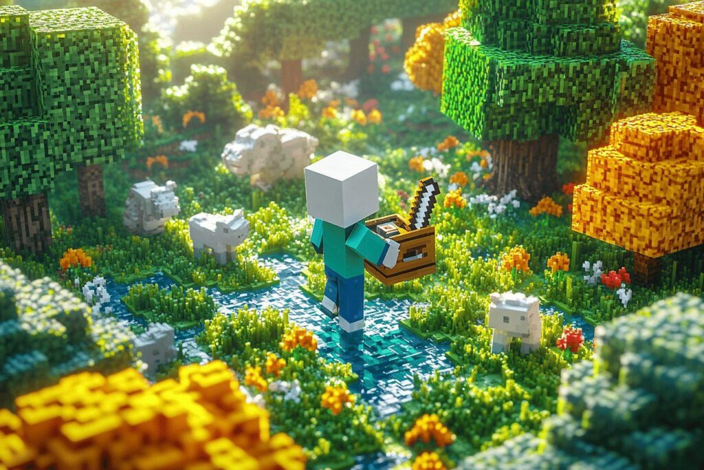 Personnage cubique dans un monde verdoyant avec des arbres pixelisés
