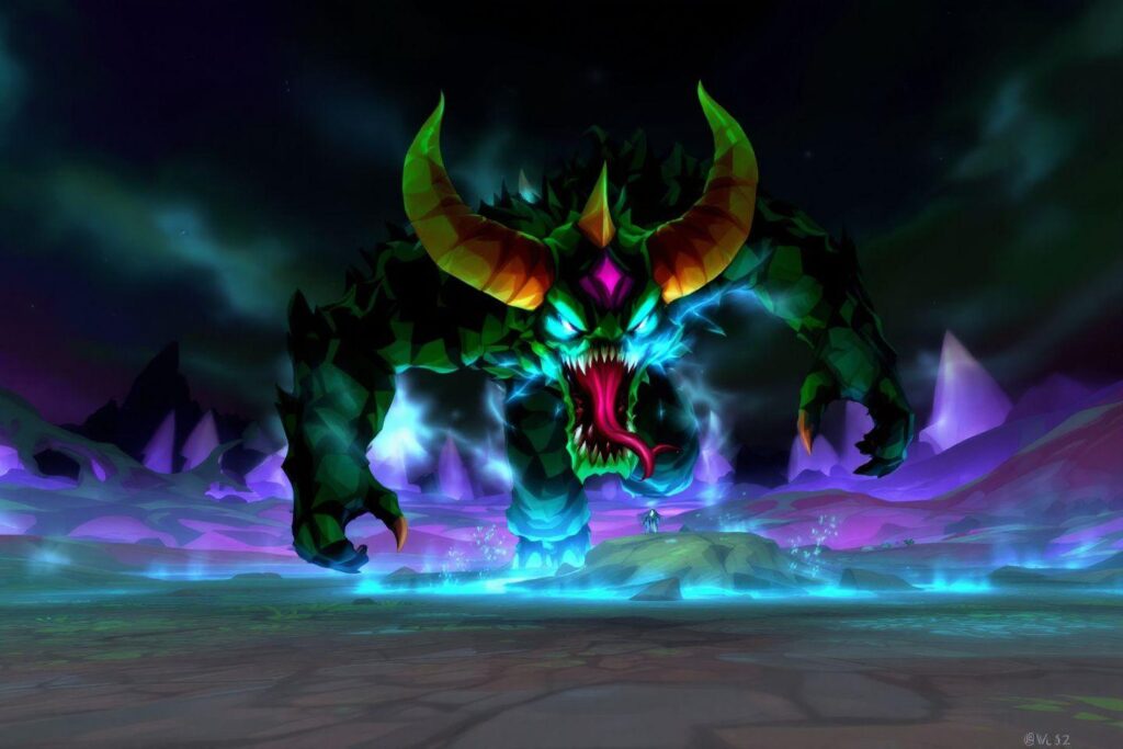 Créature cornue verte et bleue rugissante dans un monde fantastique