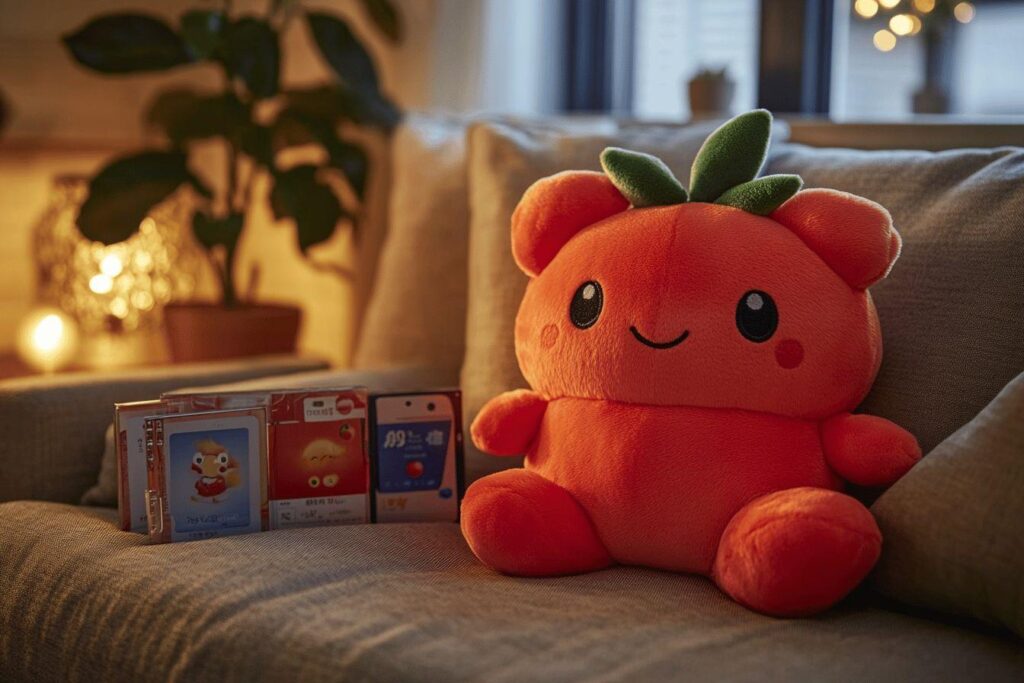 Peluche orange souriante avec des cartes à côté d'elle