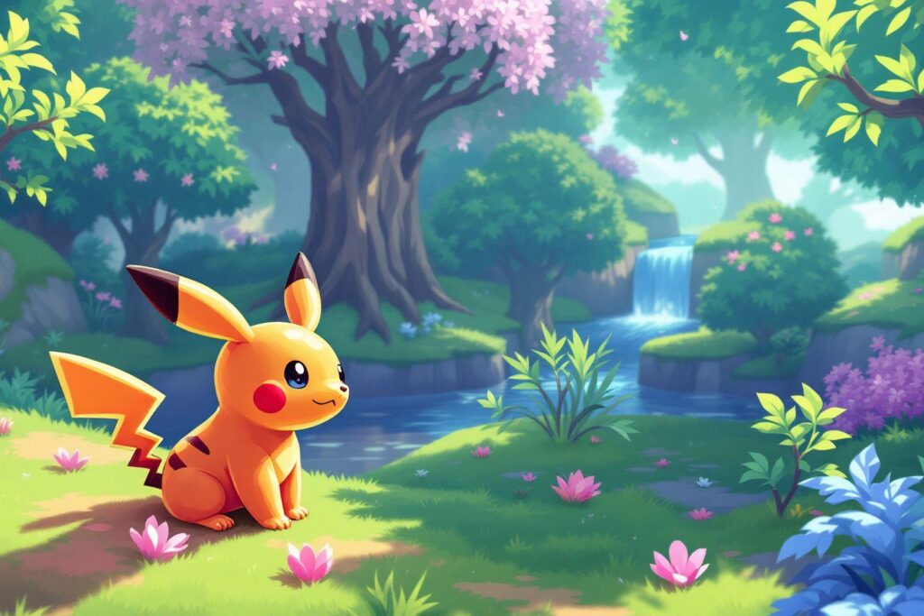 Pikachu mignon près d'une cascade et de fleurs roses