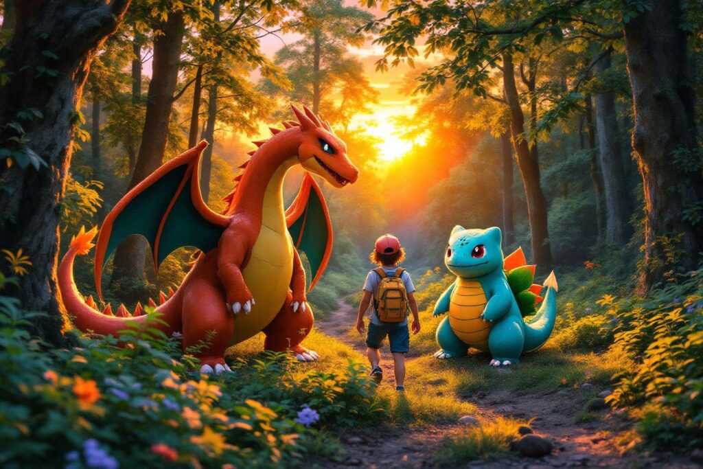 Dresseur marchant entre Charizard et Carapuce dans une forêt lumineuse