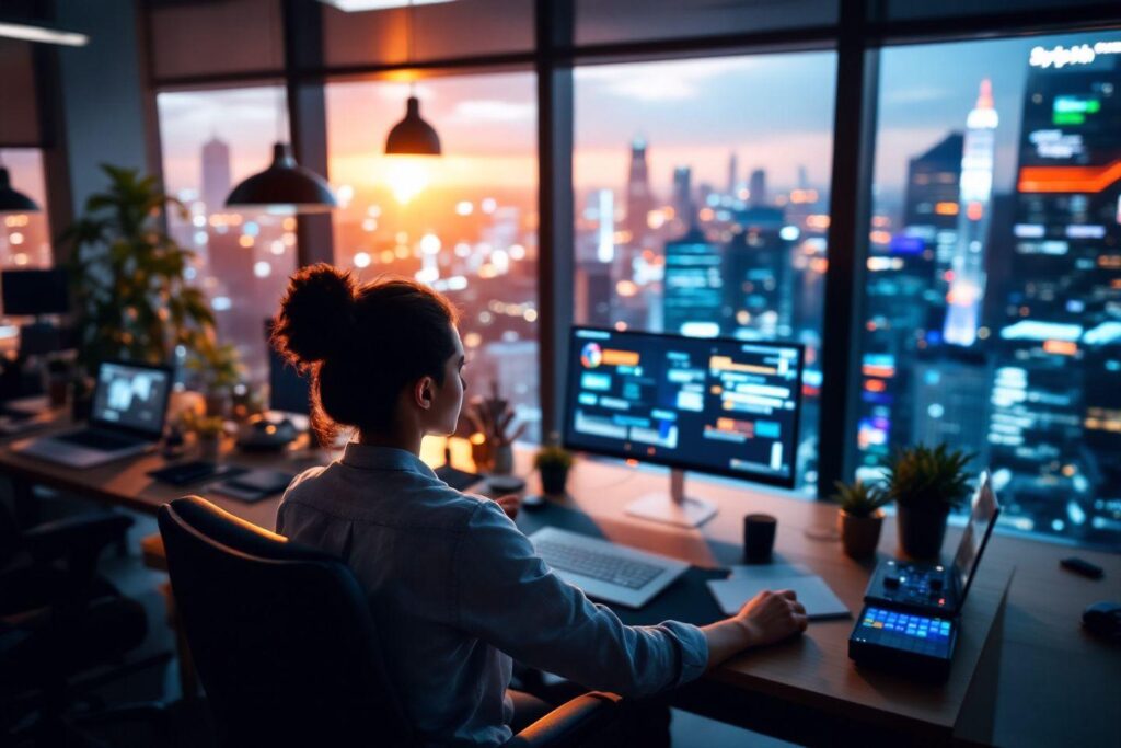 Bureau moderne avec vue sur la skyline nocturne