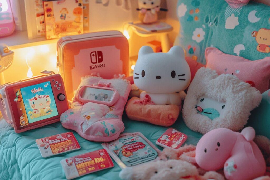Console Nintendo Switch entourée de peluches mignonnes et jeux colorés