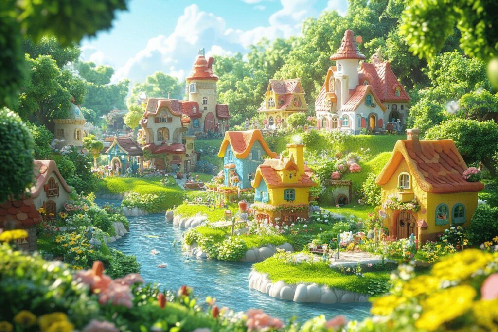 Maisons colorées de conte de fées près d'une rivière verdoyante