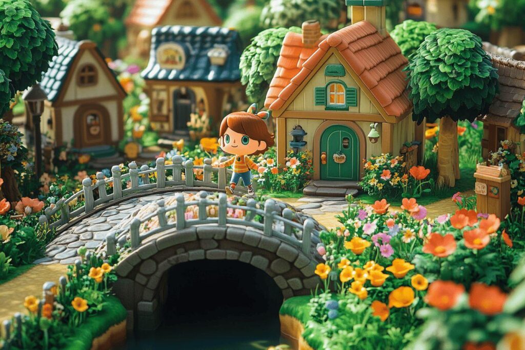 Maisons colorées, pont de pierre et fleurs dans un jardin