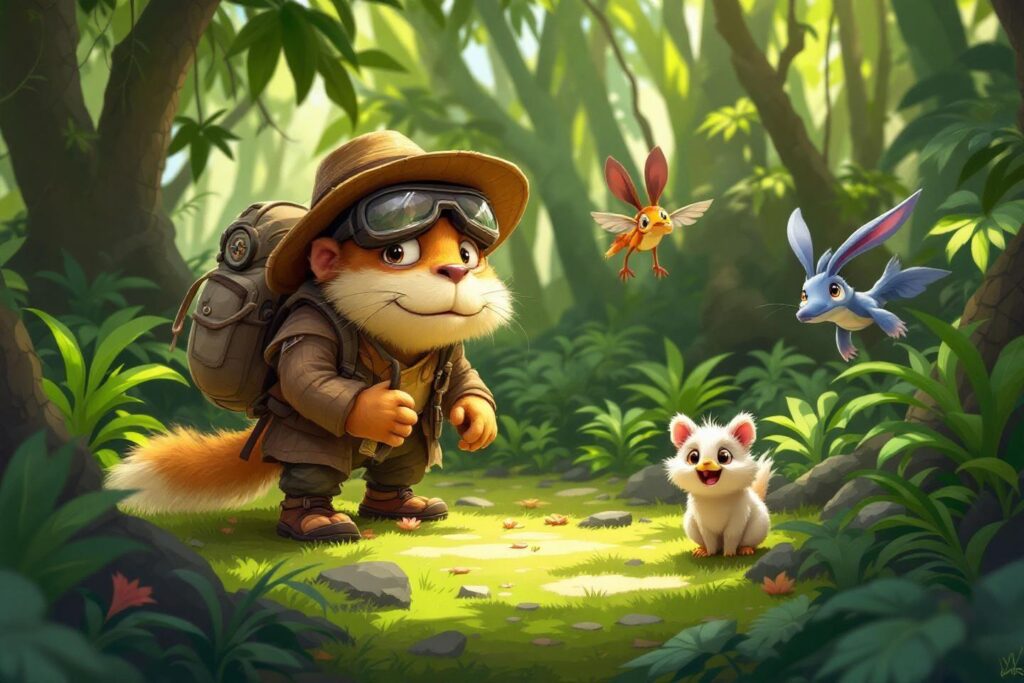 Renard aventurier avec des animaux fantastiques dans une jungle verdoyante