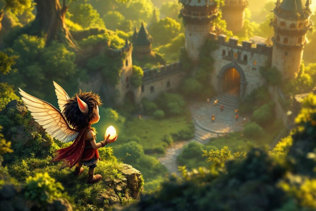 Créature magique avec ailes et œuf lumineux près d'un château